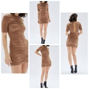 MINKPINK Faiza Ruched Jersey Mini Dress Brown Large NWT